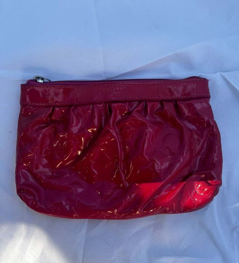 Coach Dark Pink Debossed Patent Leather Top Zip Pouch Wristlet See Details